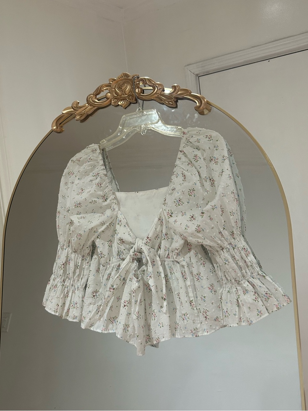Storia Feminine White Ditsy Floral Cotton Babydoll Blouse, Size S